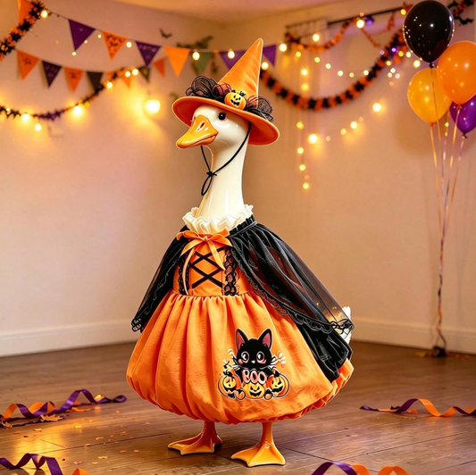 Halloween Porch Goose Witch Costume, Spooky Cute Black Cat Pumpkin Print Dress With Floral Witch Hat, 23 Inch Lawn Goose Outfit For Holiday Garden Decor