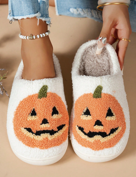 Women's Halloween Classic Pumpkin Slippers Ghost Face Non-Slip Slippers For Casual Footwear In Winter Black