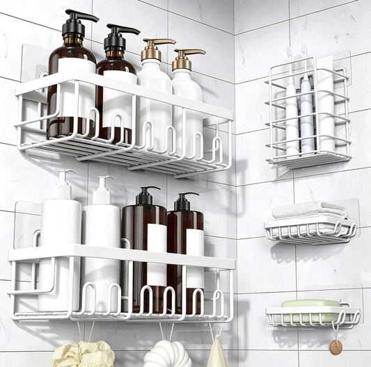 Caddy Shower Storage 5-Piece Set Self-Adhesive Stainless Steel Shelf No Drilling Required Rust-Resistant Pink Bathroom Decor Accessories for Shampoo & Body Wash