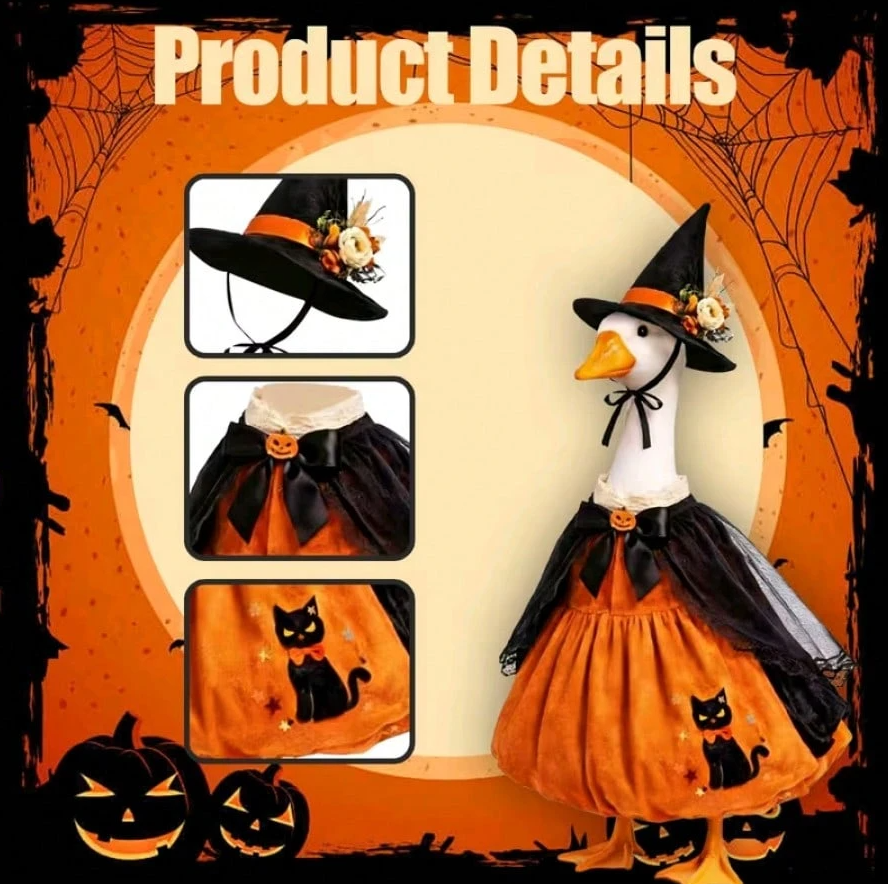 Halloween Porch Goose Witch Costume, Spooky Cute Black Cat Pumpkin Print Dress With Floral Witch Hat, 23 Inch Lawn Goose Outfit For Holiday Garden Decor