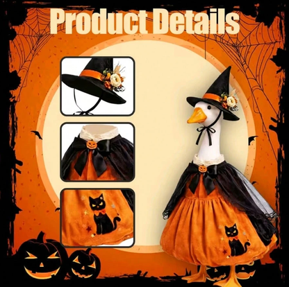 Halloween Porch Goose Witch Costume, Spooky Cute Black Cat Pumpkin Print Dress With Floral Witch Hat, 23 Inch Lawn Goose Outfit For Holiday Garden Decor