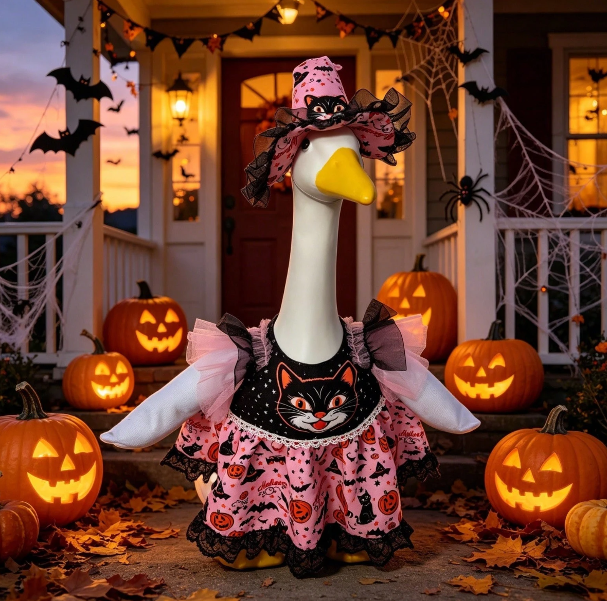 Halloween Porch Goose Witch Costume, Spooky Cute Black Cat Pumpkin Print Dress With Floral Witch Hat, 23 Inch Lawn Goose Outfit For Holiday Garden Decor