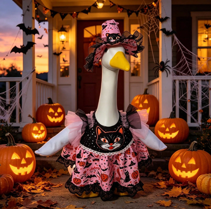 Halloween Porch Goose Witch Costume, Spooky Cute Black Cat Pumpkin Print Dress With Floral Witch Hat, 23 Inch Lawn Goose Outfit For Holiday Garden Decor