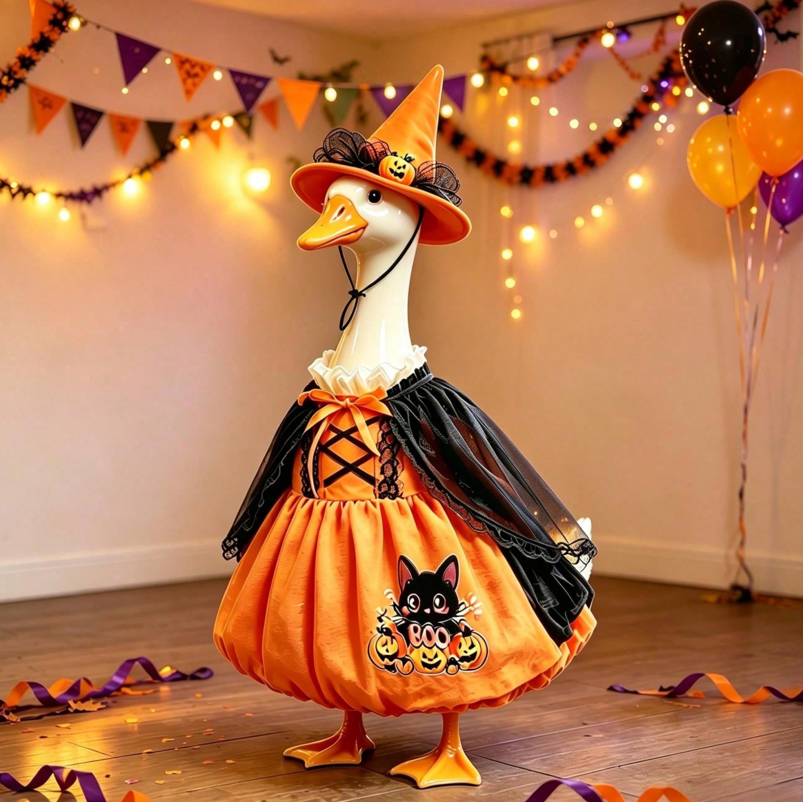 Halloween Porch Goose Witch Costume, Spooky Cute Black Cat Pumpkin Print Dress With Floral Witch Hat, 23 Inch Lawn Goose Outfit For Holiday Garden Decor