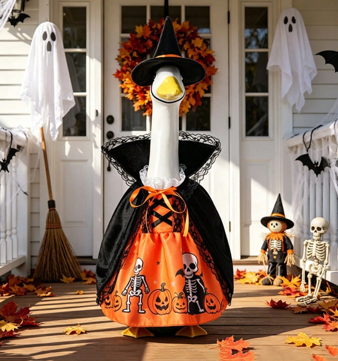 Halloween Porch Goose Witch Costume, Spooky Cute Black Cat Pumpkin Print Dress With Floral Witch Hat, 23 Inch Lawn Goose Outfit For Holiday Garden Decor
