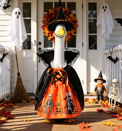 Halloween Porch Goose Witch Costume, Spooky Cute Black Cat Pumpkin Print Dress With Floral Witch Hat, 23 Inch Lawn Goose Outfit For Holiday Garden Decor