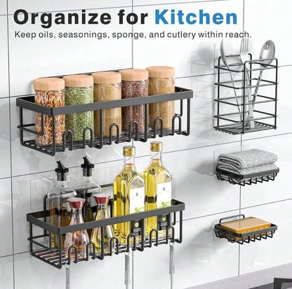 Caddy Shower Storage 5-Piece Set Self-Adhesive Stainless Steel Shelf No Drilling Required Rust-Resistant Pink Bathroom Decor Accessories for Shampoo & Body Wash