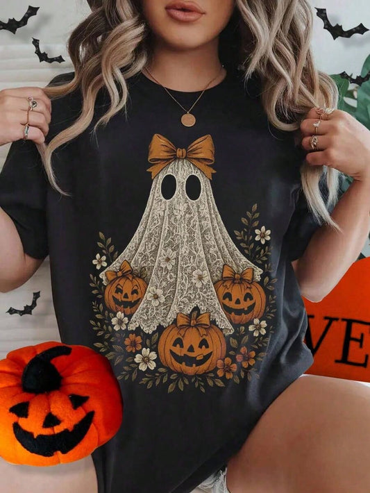 Women's Halloween Skull And Rose Graphic Print Casual Cotton Short Sleeve T-Shirt