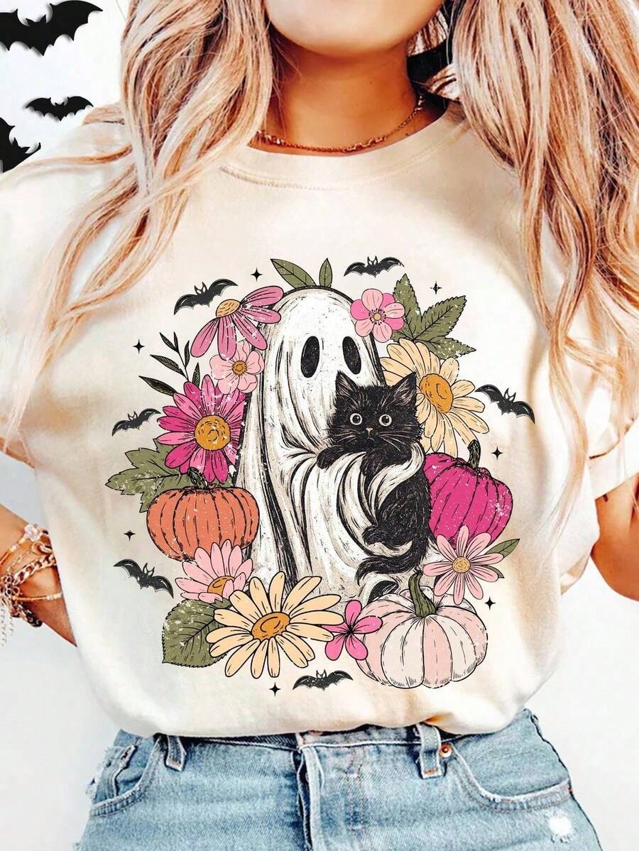 Women's Halloween Skull And Rose Graphic Print Casual Cotton Short Sleeve T-Shirt