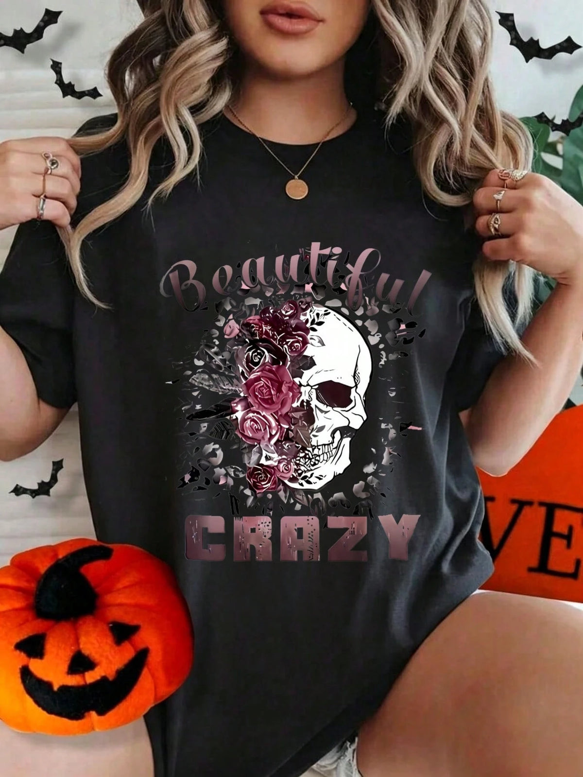 Women's Halloween Skull And Rose Graphic Print Casual Cotton Short Sleeve T-Shirt