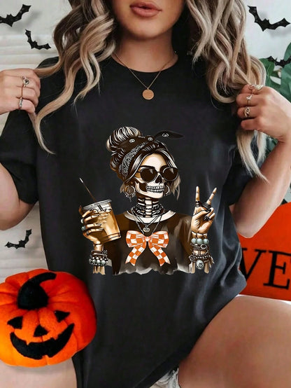 Women's Halloween Skull And Rose Graphic Print Casual Cotton Short Sleeve T-Shirt