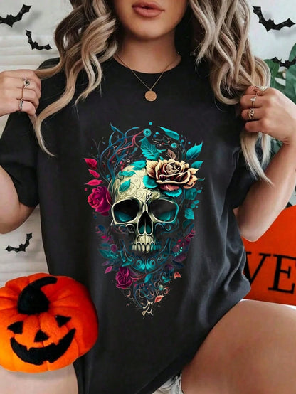 Women's Halloween Skull And Rose Graphic Print Casual Cotton Short Sleeve T-Shirt