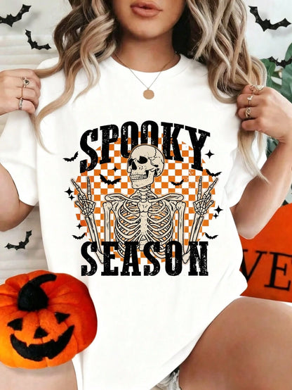 Women's Halloween Skull And Rose Graphic Print Casual Cotton Short Sleeve T-Shirt