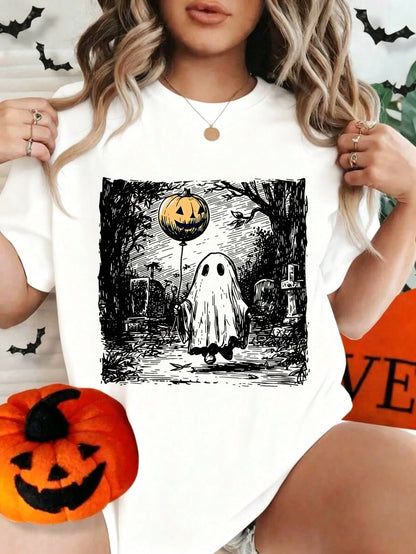 Women's Halloween Skull And Rose Graphic Print Casual Cotton Short Sleeve T-Shirt