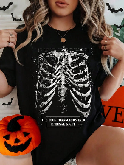 Women's Halloween Skull And Rose Graphic Print Casual Cotton Short Sleeve T-Shirt