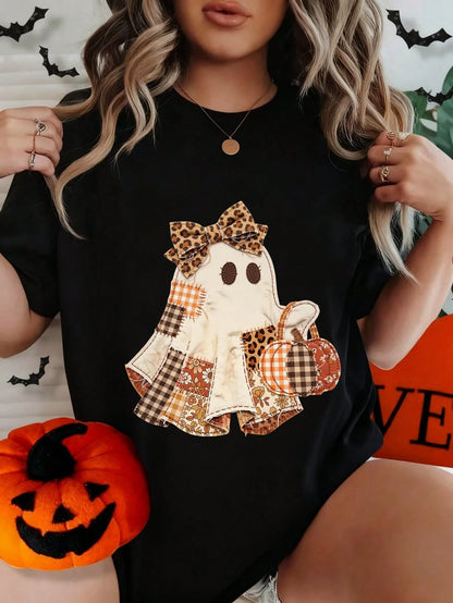 Women's Halloween Skull And Rose Graphic Print Casual Cotton Short Sleeve T-Shirt
