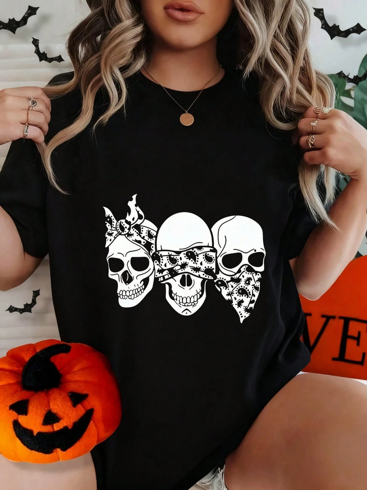 Women's Halloween Skull And Rose Graphic Print Casual Cotton Short Sleeve T-Shirt