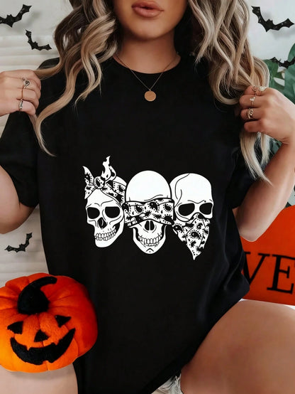 Women's Halloween Skull And Rose Graphic Print Casual Cotton Short Sleeve T-Shirt