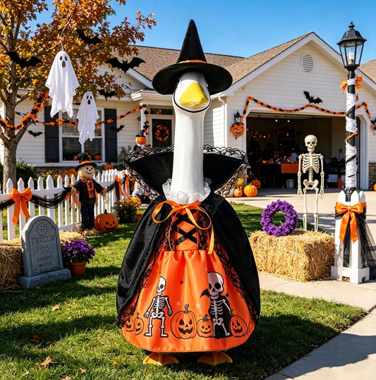 Halloween Porch Goose Witch Costume, Spooky Cute Black Cat Pumpkin Print Dress With Floral Witch Hat, 23 Inch Lawn Goose Outfit For Holiday Garden Decor