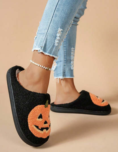 Women's Halloween Classic Pumpkin Slippers Ghost Face Non-Slip Slippers For Casual Footwear In Winter Black