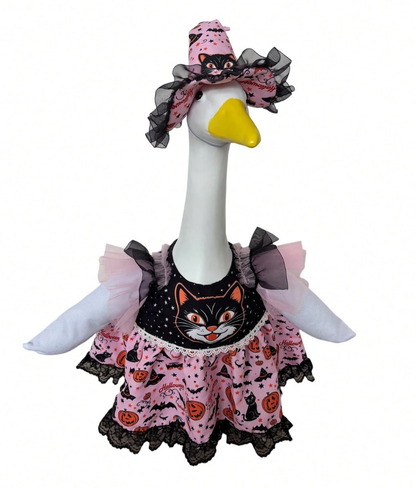 Halloween Porch Goose Witch Costume, Spooky Cute Black Cat Pumpkin Print Dress With Floral Witch Hat, 23 Inch Lawn Goose Outfit For Holiday Garden Decor