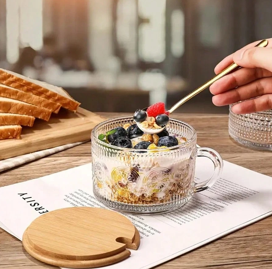 Glass Family 4-Piece Set 450ml/15.2oz, Overnight Oat Container With Bamboo Lid And Spoon - Transparent Embossed Glass Cup