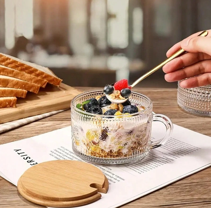 Glass Family 4-Piece Set 450ml/15.2oz, Overnight Oat Container With Bamboo Lid And Spoon - Transparent Embossed Glass Cup