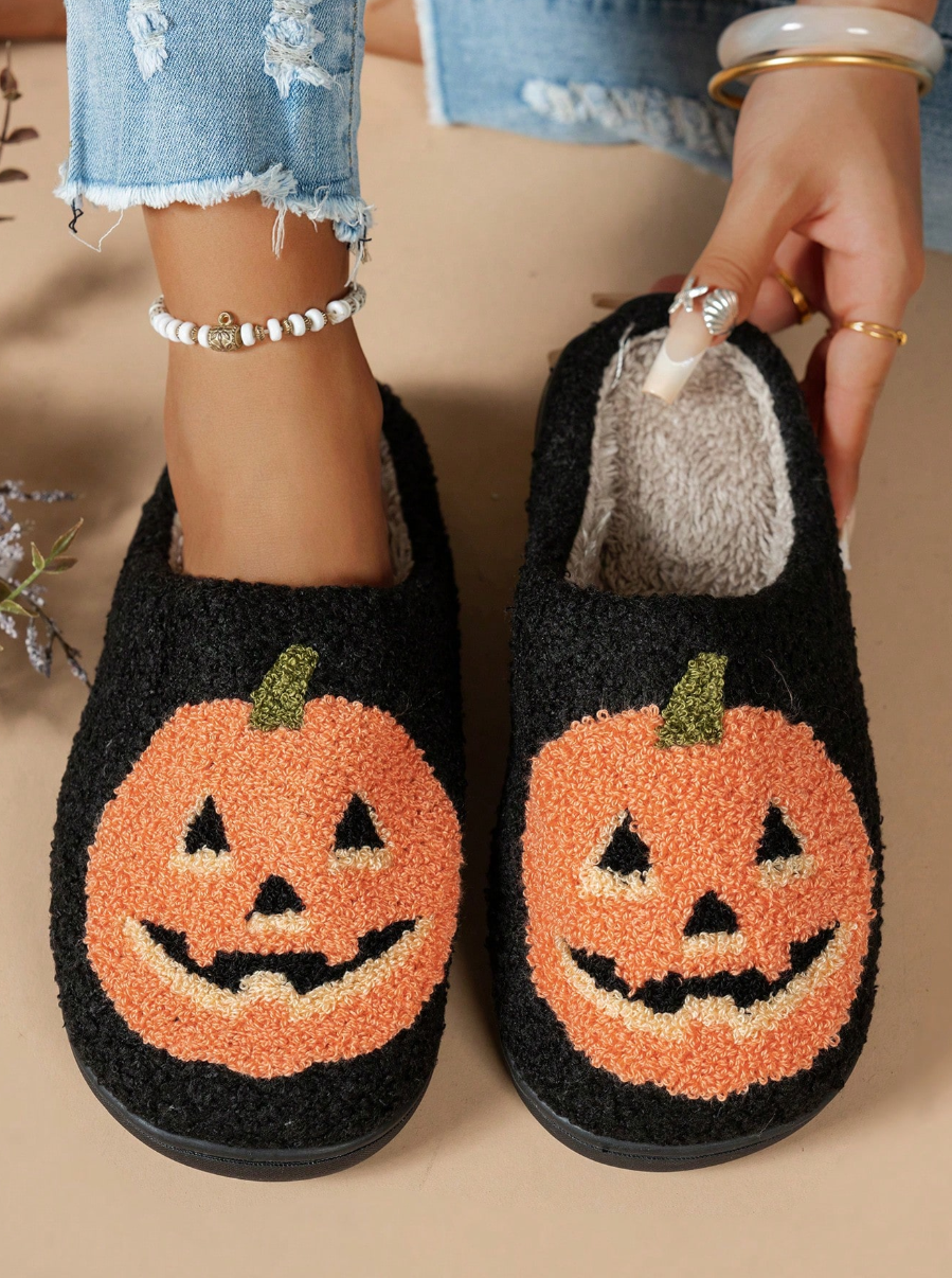 Women's Halloween Classic Pumpkin Slippers Ghost Face Non-Slip Slippers For Casual Footwear In Winter Black