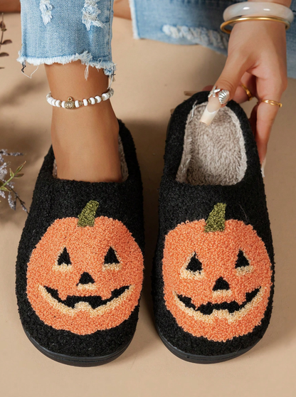 Women's Halloween Classic Pumpkin Slippers Ghost Face Non-Slip Slippers For Casual Footwear In Winter Black