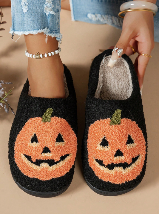 Women's Halloween Classic Pumpkin Slippers Ghost Face Non-Slip Slippers For Casual Footwear In Winter Black