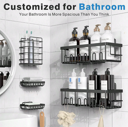 Caddy Shower Storage 5-Piece Set Self-Adhesive Stainless Steel Shelf No Drilling Required Rust-Resistant Pink Bathroom Decor Accessories for Shampoo & Body Wash