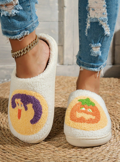 Women's Halloween Classic Pumpkin Slippers Ghost Face Non-Slip Slippers For Casual Footwear In Winter Black