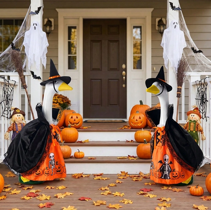 Halloween Porch Goose Witch Costume, Spooky Cute Black Cat Pumpkin Print Dress With Floral Witch Hat, 23 Inch Lawn Goose Outfit For Holiday Garden Decor