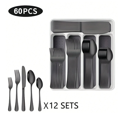 30/60pcs Silverware Sets With Organizer,, Service For 6/12 Person,Includes Knives Spoon And Fork Sets For Kitchen Accessories,Stainless Steel Tableware Flatware Sets,Cutlery Sets Eating Utensils Sets