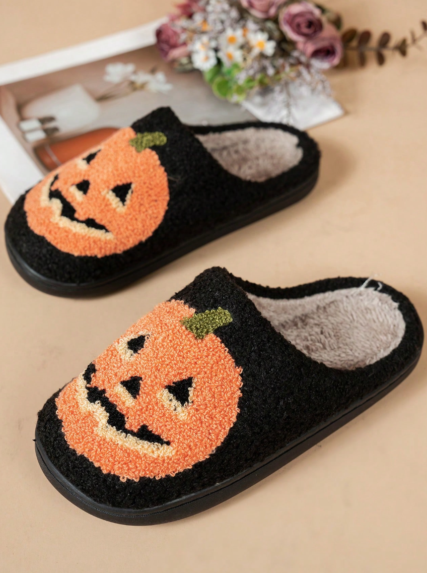 Women's Halloween Classic Pumpkin Slippers Ghost Face Non-Slip Slippers For Casual Footwear In Winter Black
