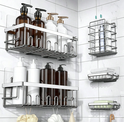Caddy Shower Storage 5-Piece Set Self-Adhesive Stainless Steel Shelf No Drilling Required Rust-Resistant Pink Bathroom Decor Accessories for Shampoo & Body Wash