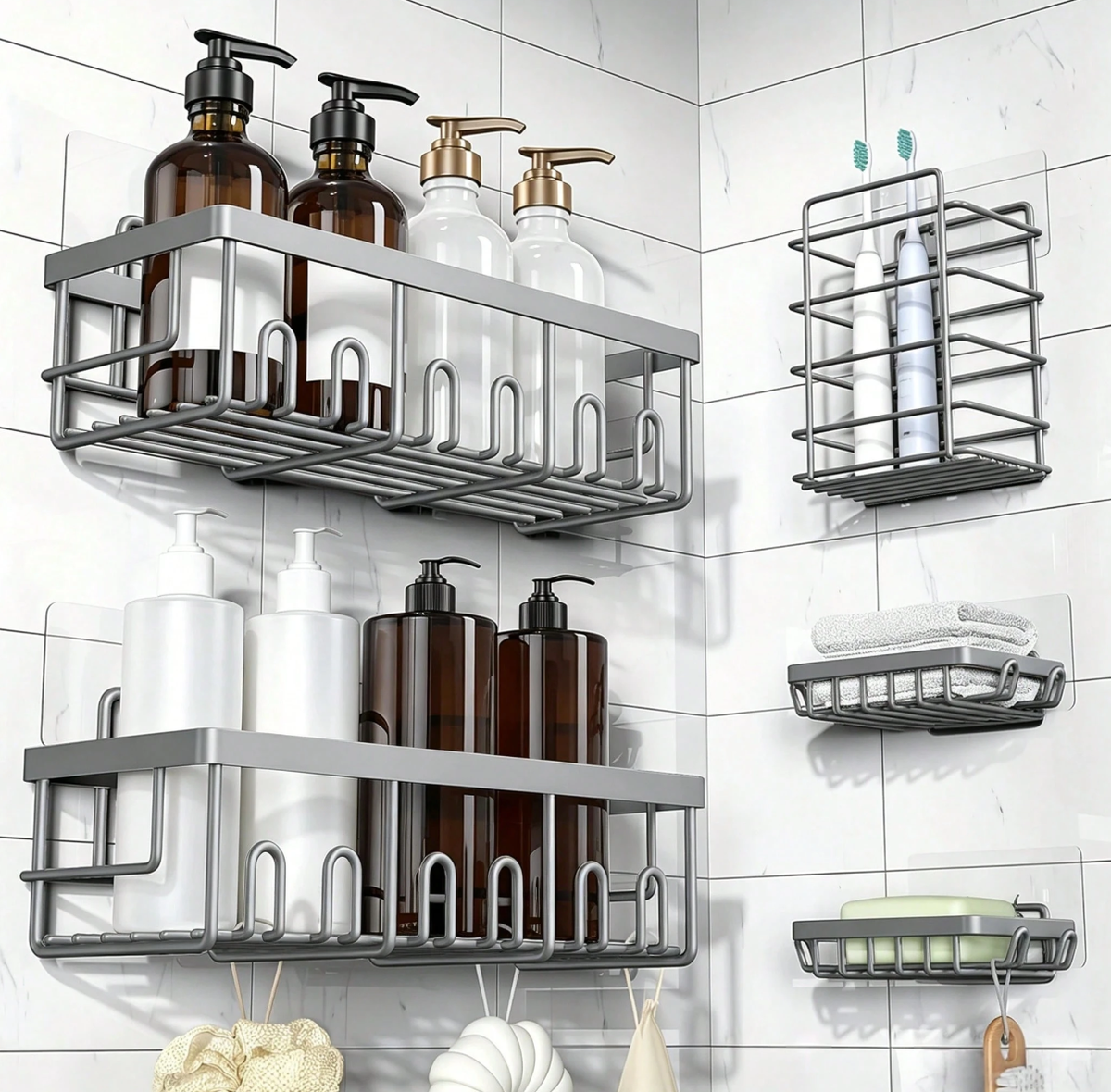 Caddy Shower Storage 5-Piece Set Self-Adhesive Stainless Steel Shelf No Drilling Required Rust-Resistant Pink Bathroom Decor Accessories for Shampoo & Body Wash