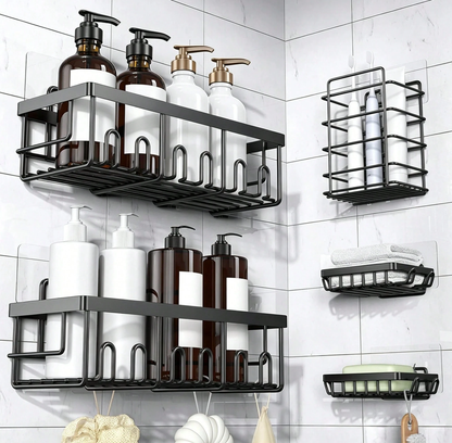 Caddy Shower Storage 5-Piece Set Self-Adhesive Stainless Steel Shelf No Drilling Required Rust-Resistant Pink Bathroom Decor Accessories for Shampoo & Body Wash