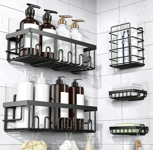 Caddy Shower Storage 5-Piece Set Self-Adhesive Stainless Steel Shelf No Drilling Required Rust-Resistant Pink Bathroom Decor Accessories for Shampoo & Body Wash