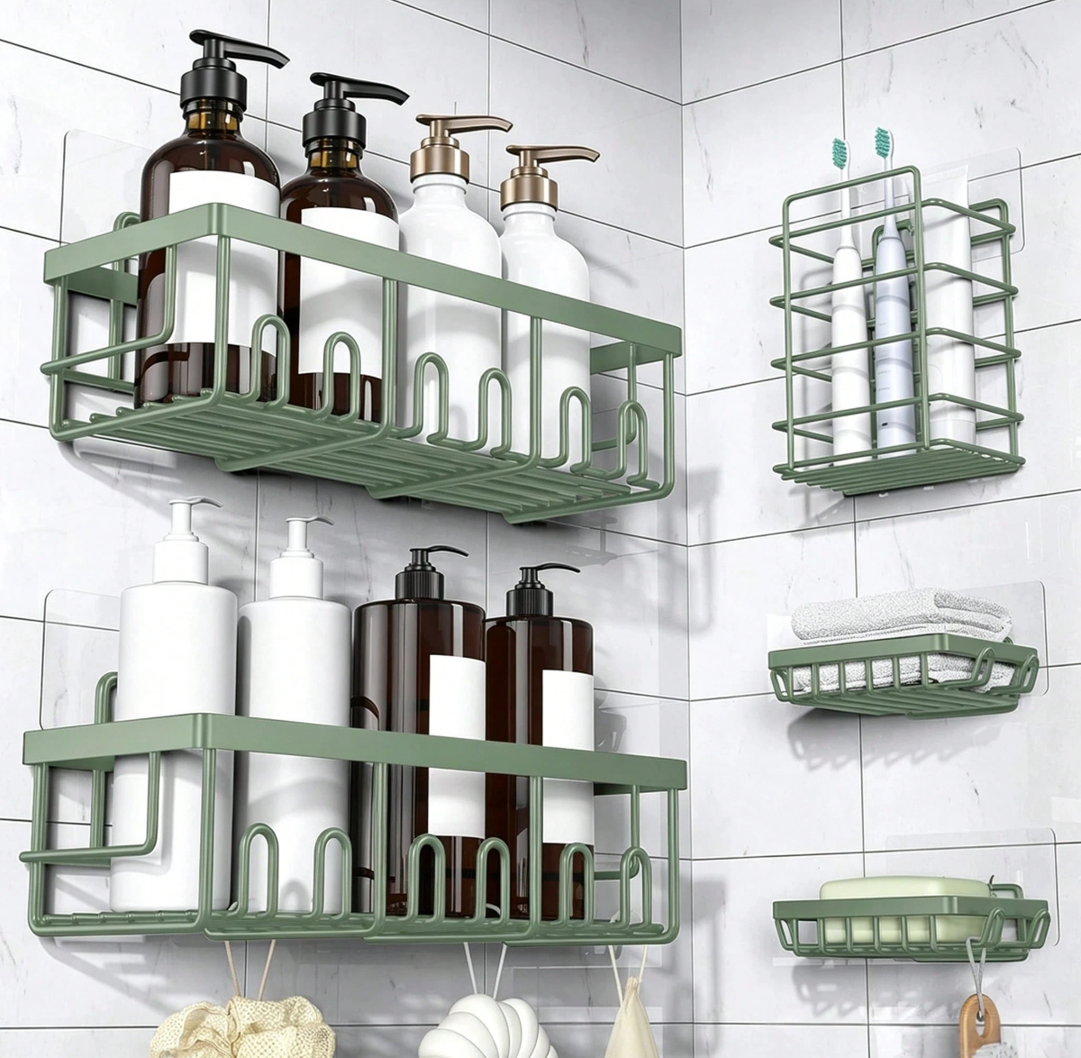 Caddy Shower Storage 5-Piece Set Self-Adhesive Stainless Steel Shelf No Drilling Required Rust-Resistant Pink Bathroom Decor Accessories for Shampoo & Body Wash