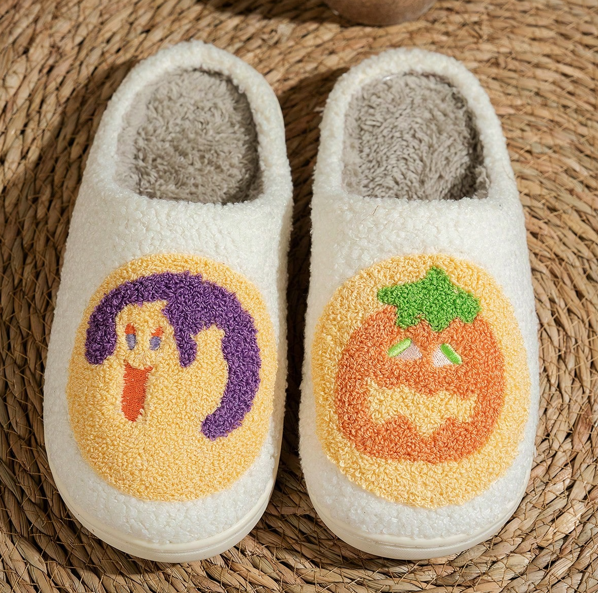 Women's Halloween Classic Pumpkin Slippers Ghost Face Non-Slip Slippers For Casual Footwear In Winter Black
