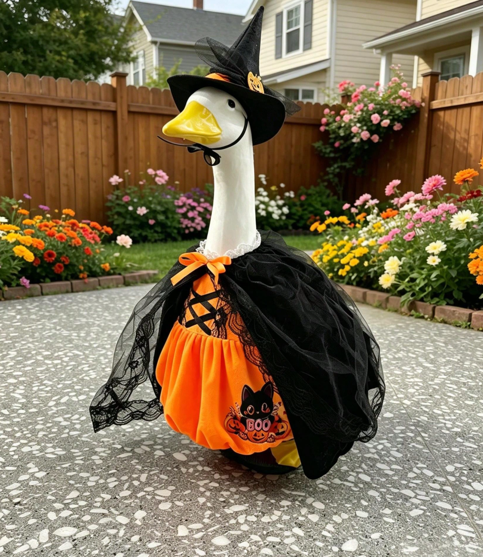 Halloween Porch Goose Witch Costume, Spooky Cute Black Cat Pumpkin Print Dress With Floral Witch Hat, 23 Inch Lawn Goose Outfit For Holiday Garden Decor