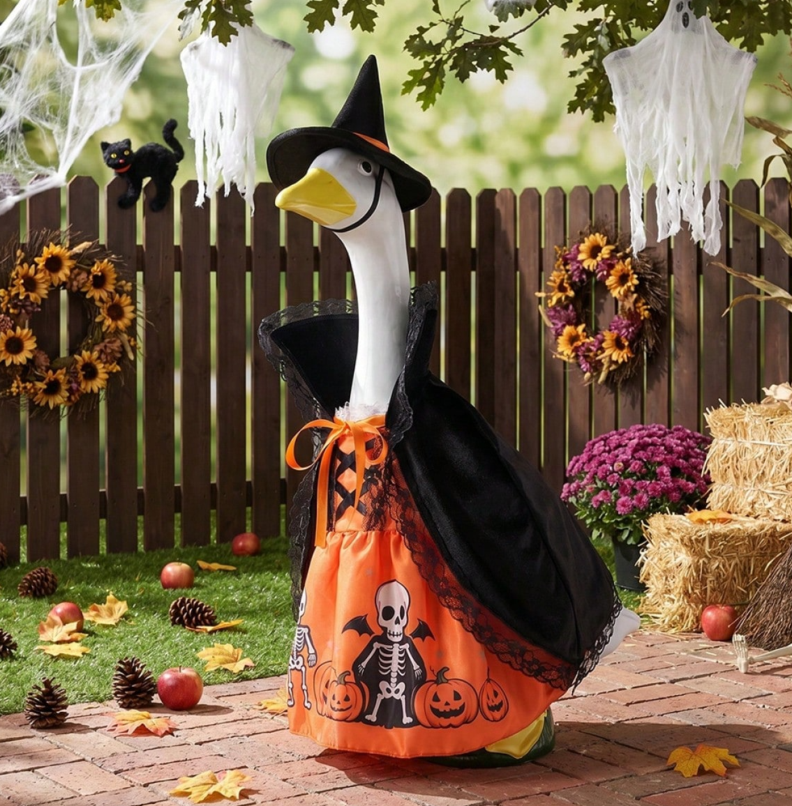 Halloween Porch Goose Witch Costume, Spooky Cute Black Cat Pumpkin Print Dress With Floral Witch Hat, 23 Inch Lawn Goose Outfit For Holiday Garden Decor