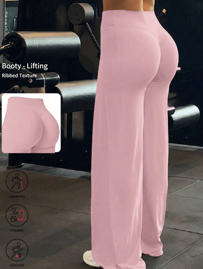 High Waist Booty Lifting Wide Leg Yoga Pants, V-Seam Scrunch Butt Flared Workout Leggings, 4-Way Stretch Skin-Friendly Casual Flare Pants For Gym
