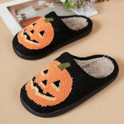 Women's Halloween Classic Pumpkin Slippers Ghost Face Non-Slip Slippers For Casual Footwear In Winter Black