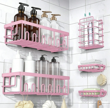 Caddy Shower Storage 5-Piece Set Self-Adhesive Stainless Steel Shelf No Drilling Required Rust-Resistant Pink Bathroom Decor Accessories for Shampoo & Body Wash