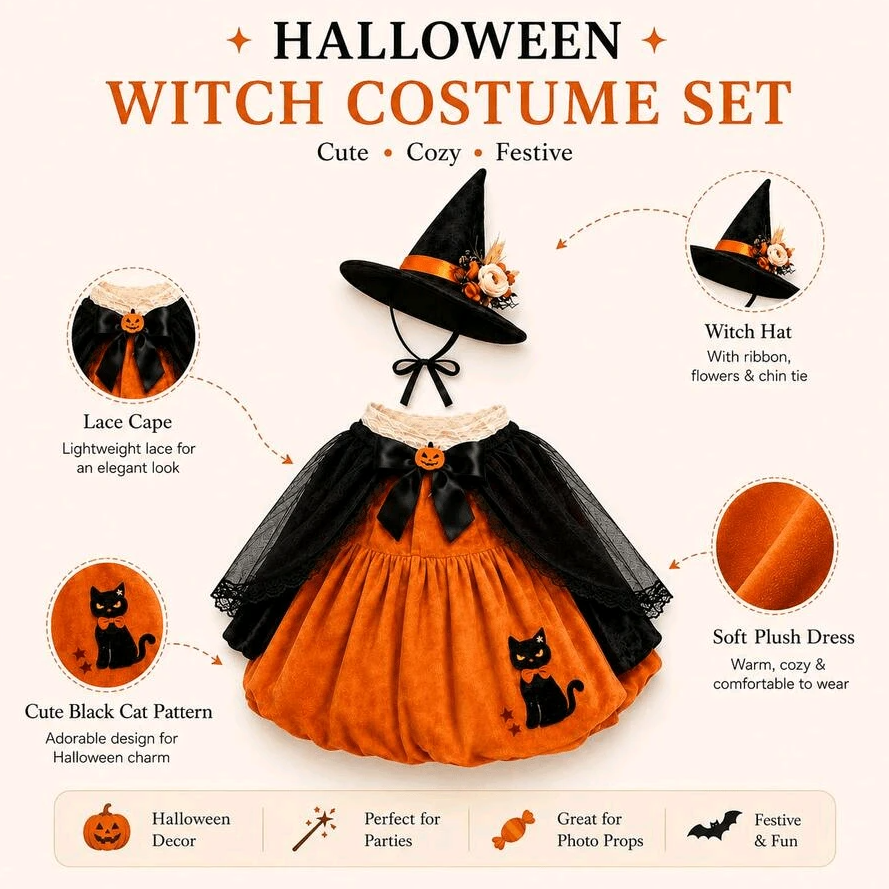 Halloween Porch Goose Witch Costume, Spooky Cute Black Cat Pumpkin Print Dress With Floral Witch Hat, 23 Inch Lawn Goose Outfit For Holiday Garden Decor