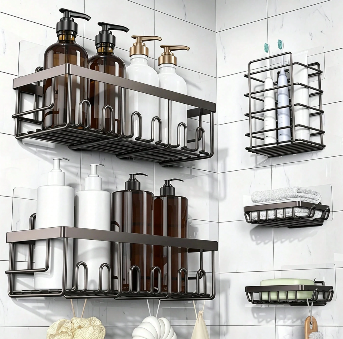 Caddy Shower Storage 5-Piece Set Self-Adhesive Stainless Steel Shelf No Drilling Required Rust-Resistant Pink Bathroom Decor Accessories for Shampoo & Body Wash