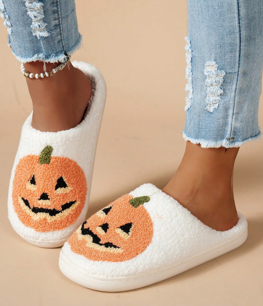 Women's Halloween Classic Pumpkin Slippers Ghost Face Non-Slip Slippers For Casual Footwear In Winter Black