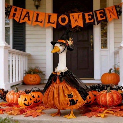 Halloween Porch Goose Witch Costume, Spooky Cute Black Cat Pumpkin Print Dress With Floral Witch Hat, 23 Inch Lawn Goose Outfit For Holiday Garden Decor